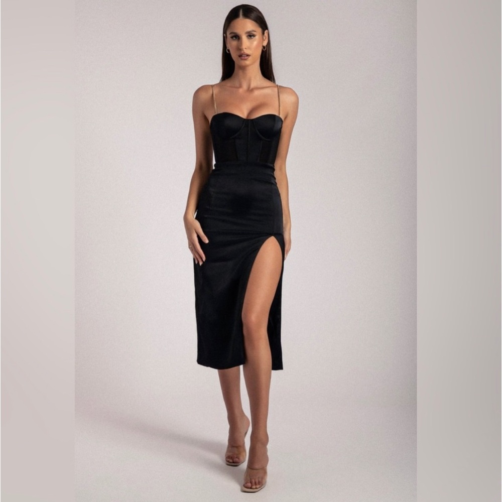 Talisa Chain Strap Side Split Corset Midi Dress - Black